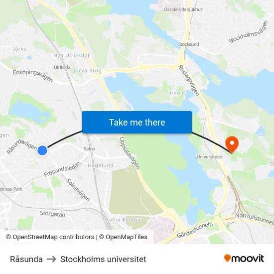 Råsunda to Stockholms universitet map
