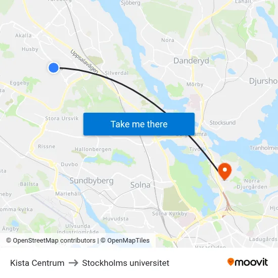 Kista Centrum to Stockholms universitet map
