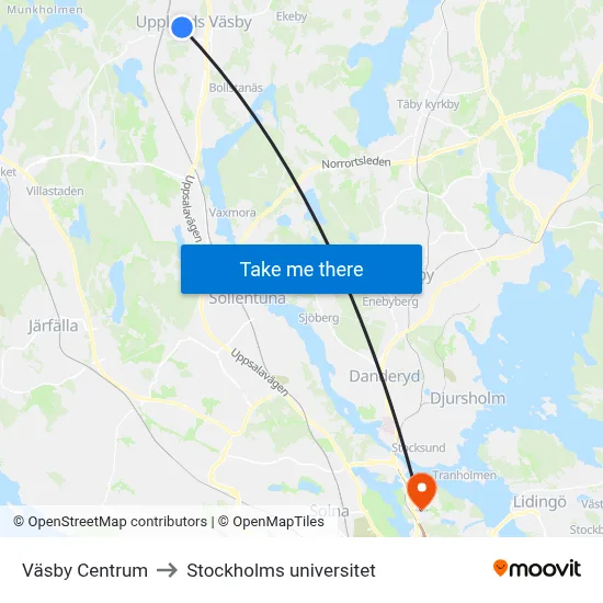 Väsby Centrum to Stockholms universitet map