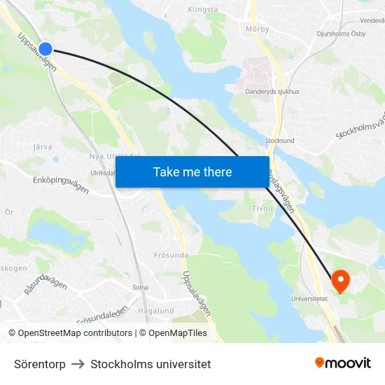 Sörentorp to Stockholms universitet map