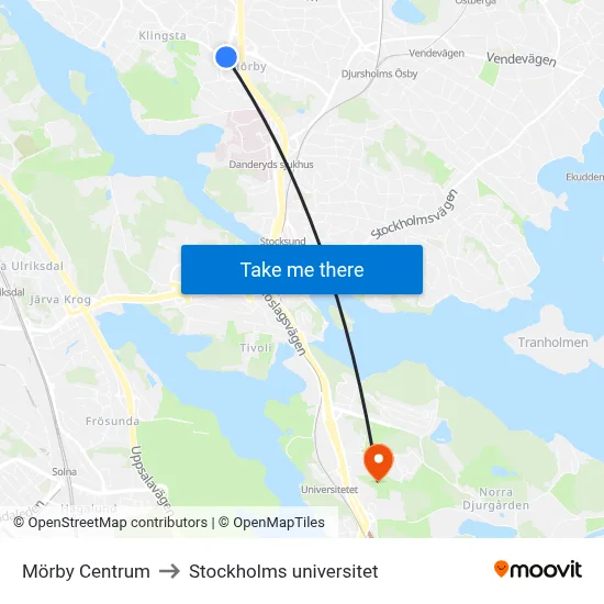 Mörby Centrum to Stockholms universitet map