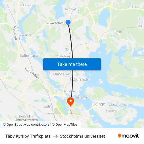 Täby Kyrkby Trafikplats to Stockholms universitet map
