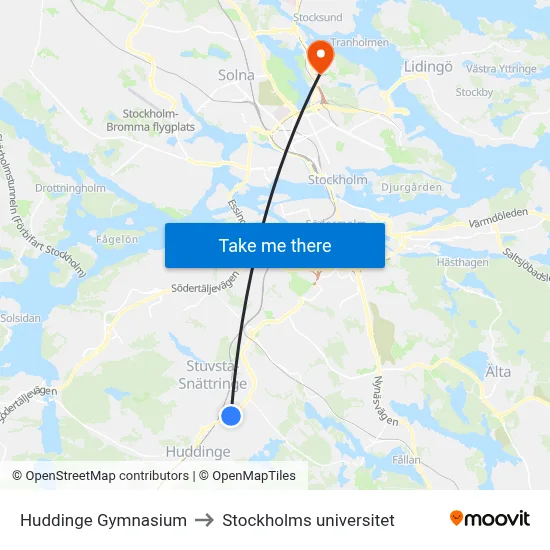 Huddinge Gymnasium to Stockholms universitet map