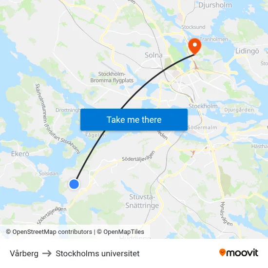 Vårberg to Stockholms universitet map