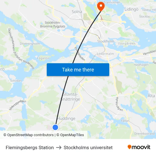 Flemingsbergs Station to Stockholms universitet map