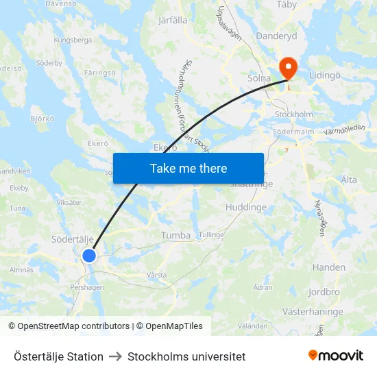 Östertälje Station to Stockholms universitet map