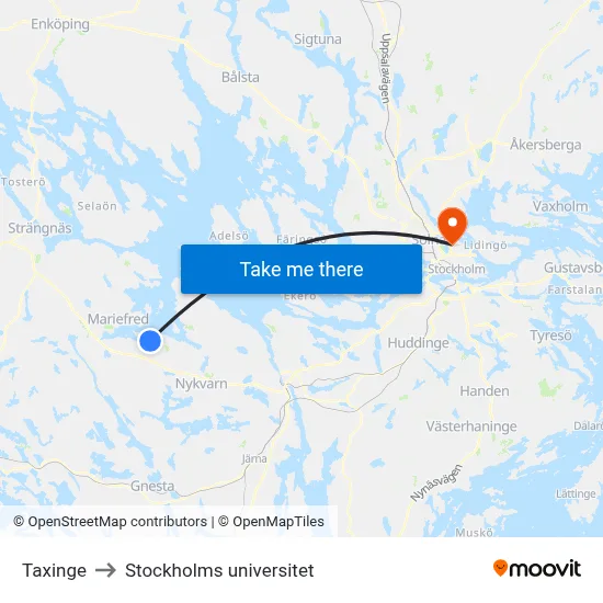 Taxinge to Stockholms universitet map