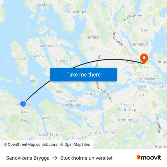 Sandvikens Brygga to Stockholms universitet map