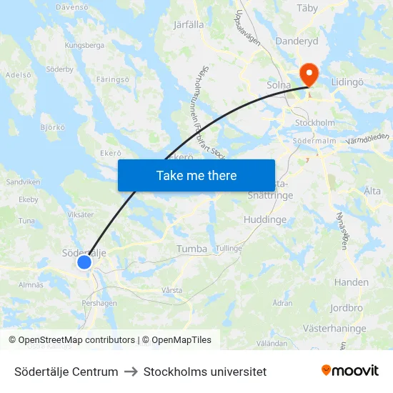 Södertälje Centrum to Stockholms universitet map