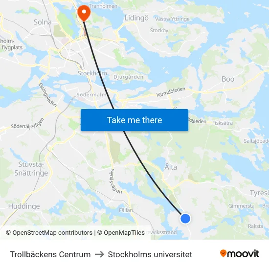 Trollbäckens Centrum to Stockholms universitet map