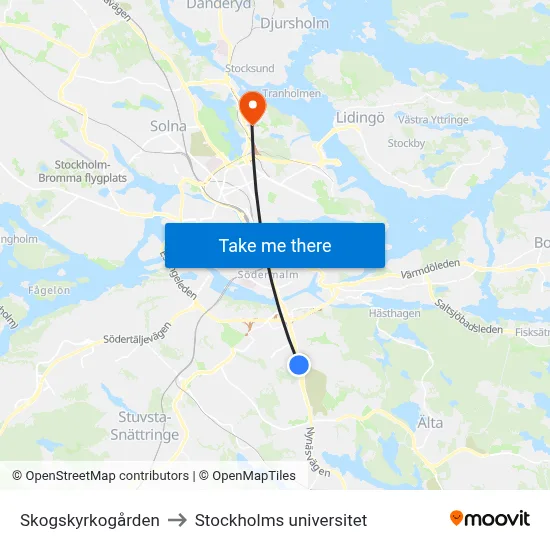Skogskyrkogården to Stockholms universitet map