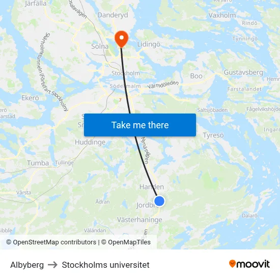 Albyberg to Stockholms universitet map