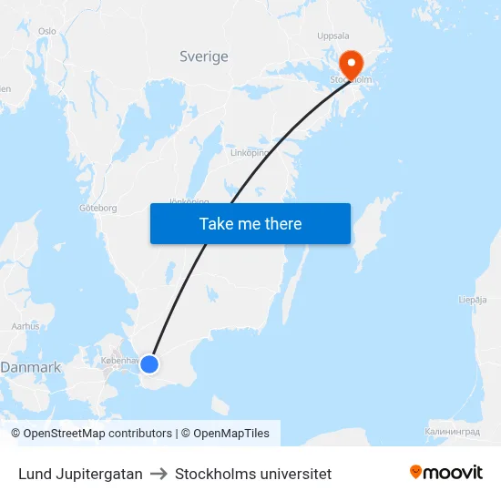 Lund Jupitergatan to Stockholms universitet map