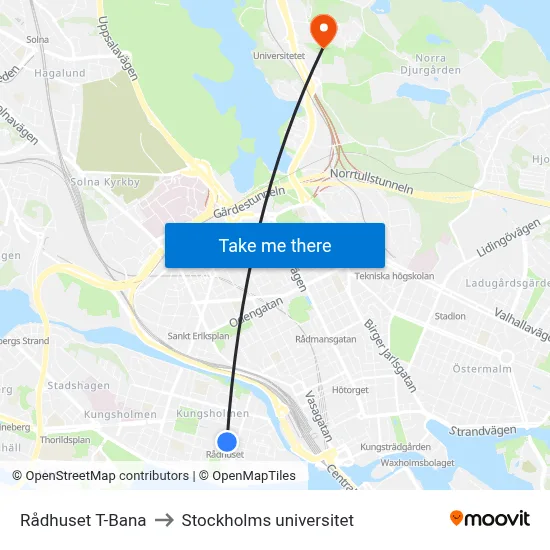 Rådhuset T-Bana to Stockholms universitet map