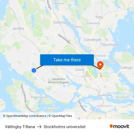 Vällingby T-Bana to Stockholms universitet map