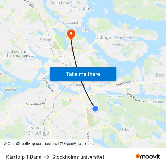 Kärrtorp T-Bana to Stockholms universitet map