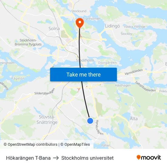 Hökarängen T-Bana to Stockholms universitet map