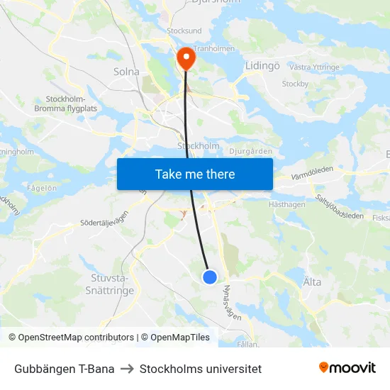 Gubbängen T-Bana to Stockholms universitet map