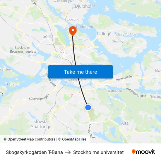 Skogskyrkogården T-Bana to Stockholms universitet map