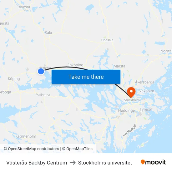 Västerås Bäckby Centrum to Stockholms universitet map