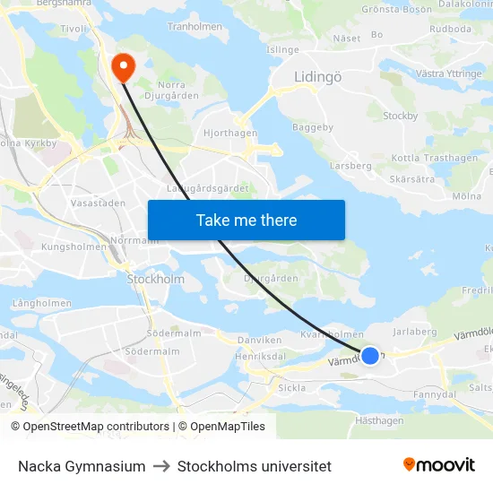 Nacka Gymnasium to Stockholms universitet map
