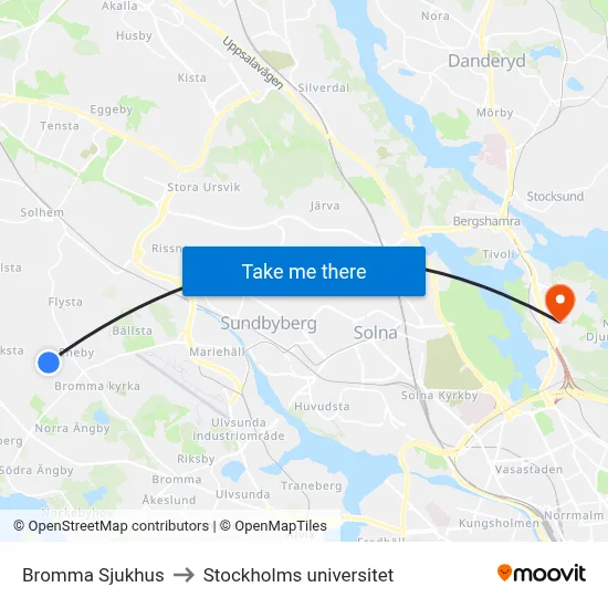Bromma Sjukhus to Stockholms universitet map