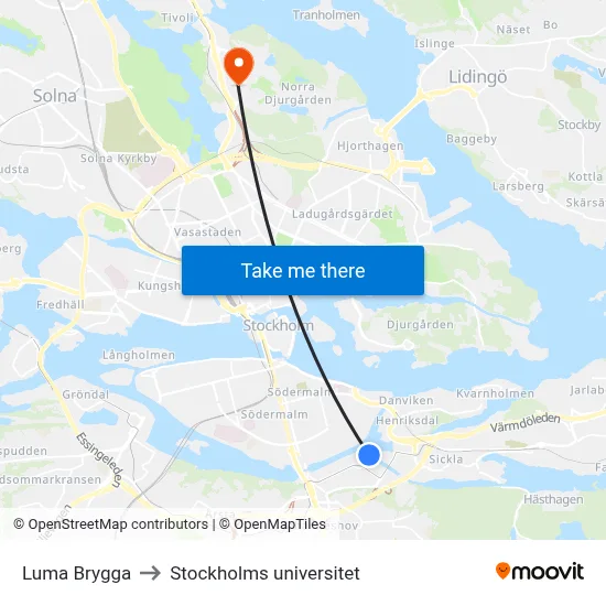 Luma Brygga to Stockholms universitet map
