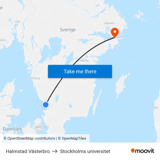 Halmstad Västerbro to Stockholms universitet map