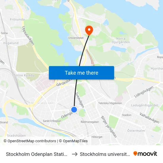 Stockholm Odenplan Station to Stockholms universitet map