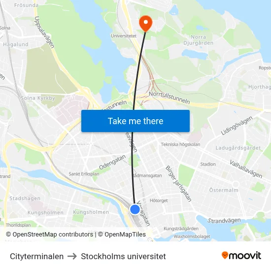 Cityterminalen to Stockholms universitet map
