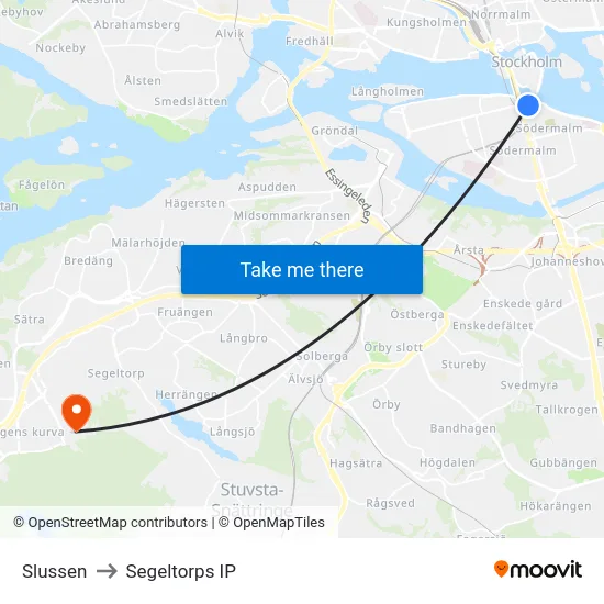 Slussen to Segeltorps IP map