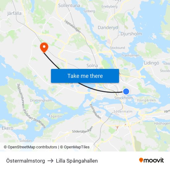 Östermalmstorg to Lilla Spångahallen map