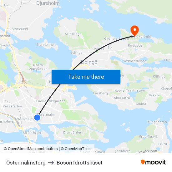 Östermalmstorg to Bosön Idrottshuset map