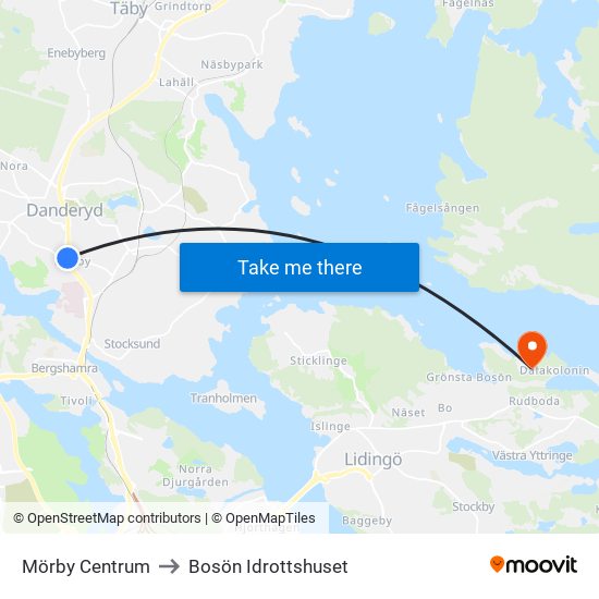 Mörby Centrum to Bosön Idrottshuset map