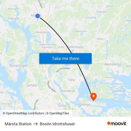 Märsta Station to Bosön Idrottshuset map