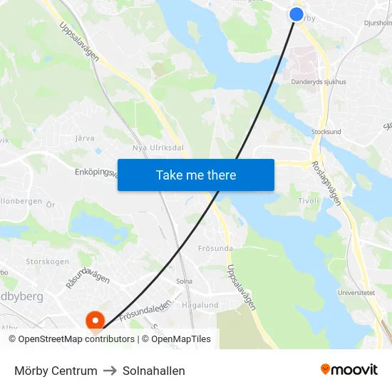Mörby Centrum to Solnahallen map