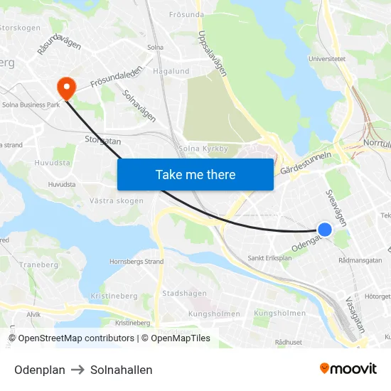 Odenplan to Solnahallen map