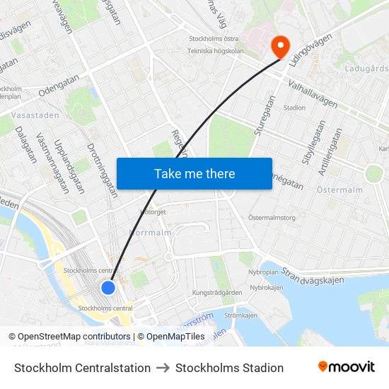 Stockholm Centralstation to Stockholms Stadion map