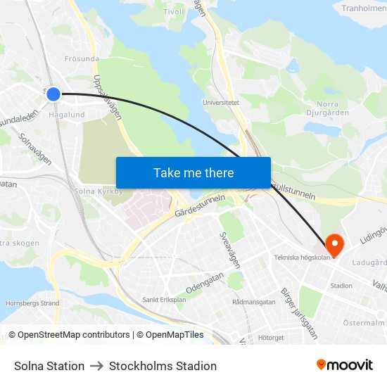 Solna Station to Stockholms Stadion map