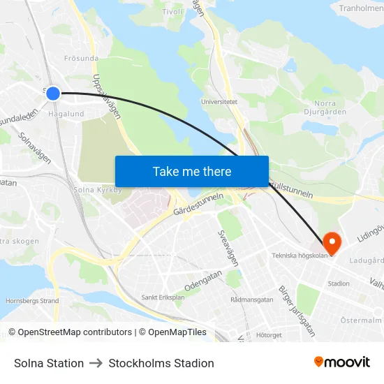 Solna Station to Stockholms Stadion map
