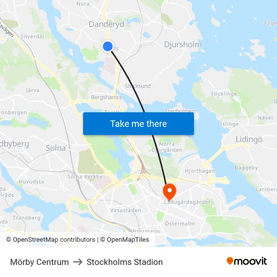 Mörby Centrum to Stockholms Stadion map