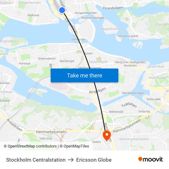 Stockholm Centralstation to Ericsson Globe map