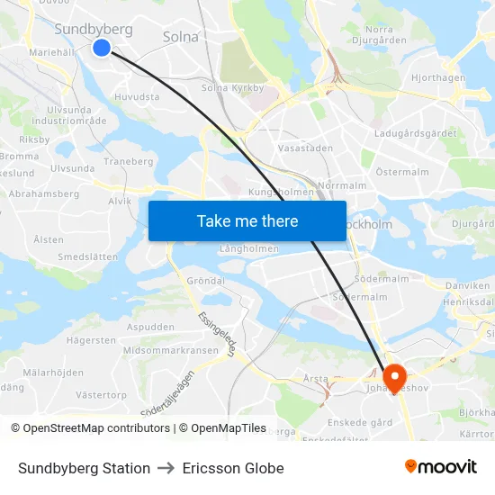 Sundbyberg Station to Ericsson Globe map