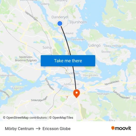 Mörby Centrum to Ericsson Globe map
