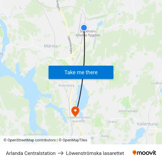 Arlanda Centralstation to Löwenströmska lasarettet map