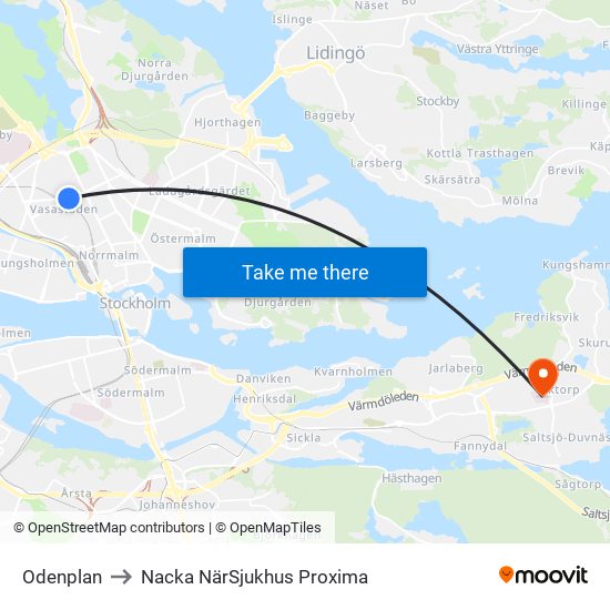 Odenplan to Nacka NärSjukhus Proxima map