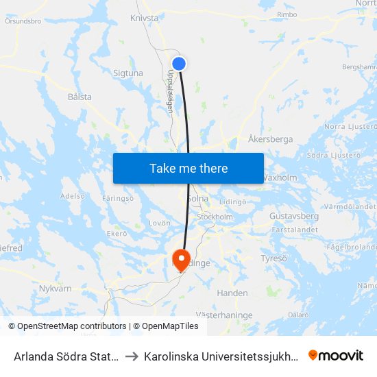 Arlanda Södra Station to Karolinska Universitetssjukhuset map