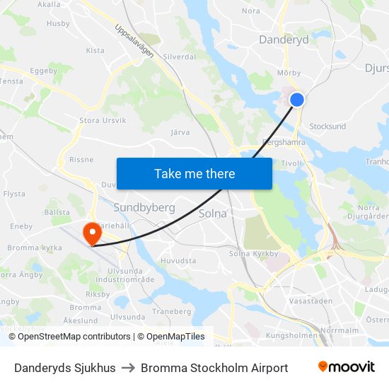 Danderyds Sjukhus to Bromma Stockholm Airport map