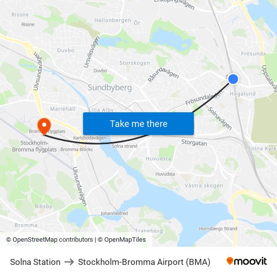 Solna Station to Stockholm-Bromma Airport (BMA) map