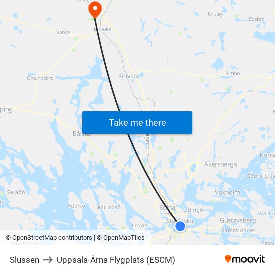 Slussen to Uppsala-Ärna Flygplats (ESCM) map